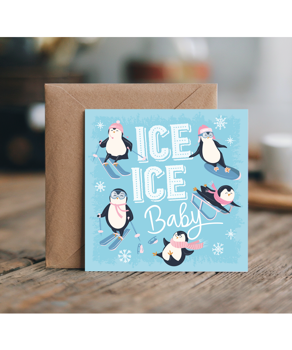 Fun Christmas Card Penguins Playing on Ice Baby