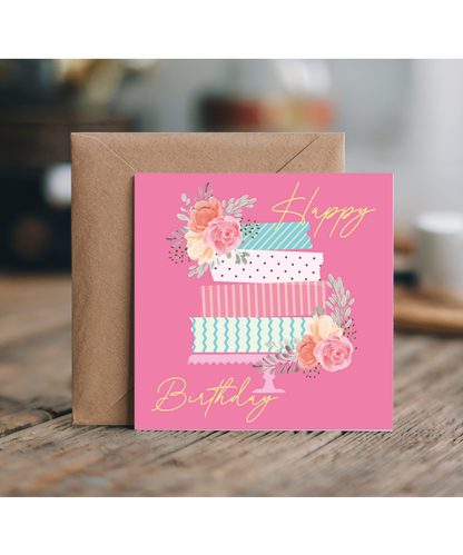 Happy Birthday Card for Her Blossom Garden Party Birthday Cake in Pastels