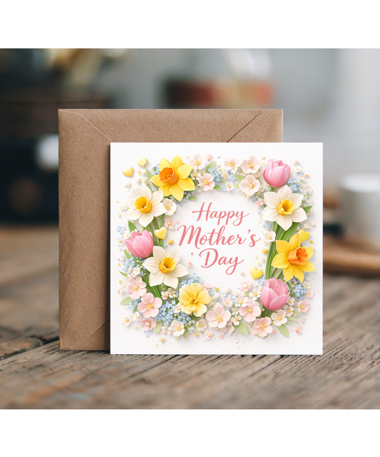 Elegant Mothers Day Card with Pastel Spring Flowers and Daffodils in Dimensional Style