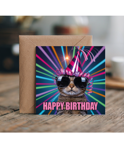 Funny Pet Happy Birthday Card Silly Rave Party Cat for Family and Friends