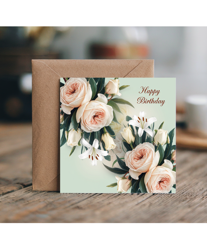 Happy Birthday Card for her Wild Roses and White Lilies