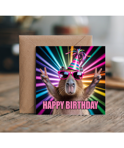 Funny Happy Birthday Card Silly Rave Party Capybara for Family and Friends