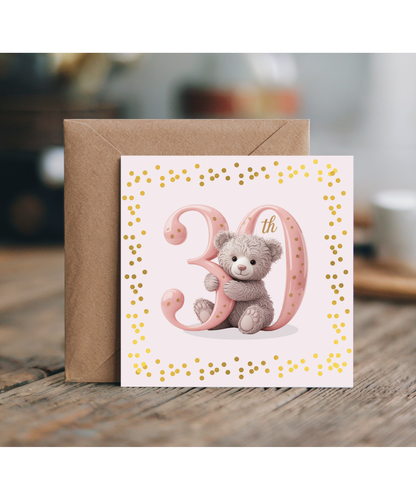 Elegant Happy Birthday 30th pink bear fake glitter effect