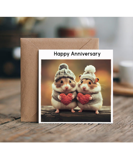 Happy Anniversary cute hamsters holding knitted hearts