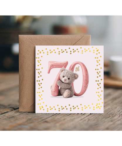 Elegant Happy Birthday 70th pink bear fake glitter effect
