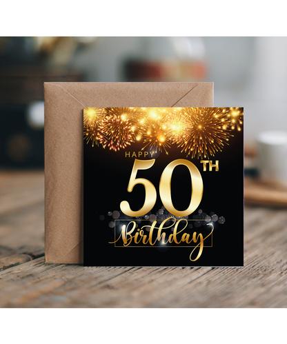 50th Birthday Card with Gold Fireworks