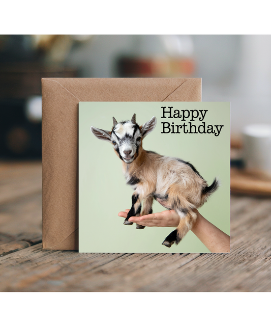 Happy Birthday card baby goat in hand cute pastel green