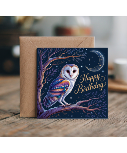 Happy Birthday Card Magical Night Owl and Celestial Crescent Moon