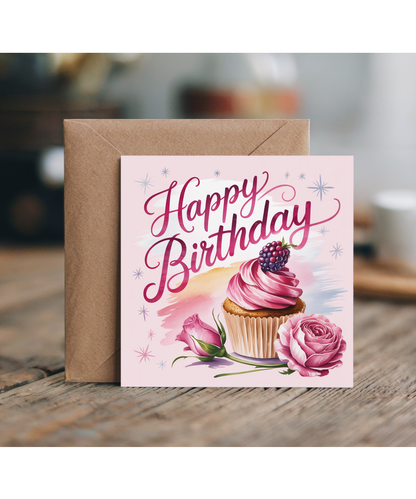 Birthday Card with Pink Rasberry Cupcake and Roses