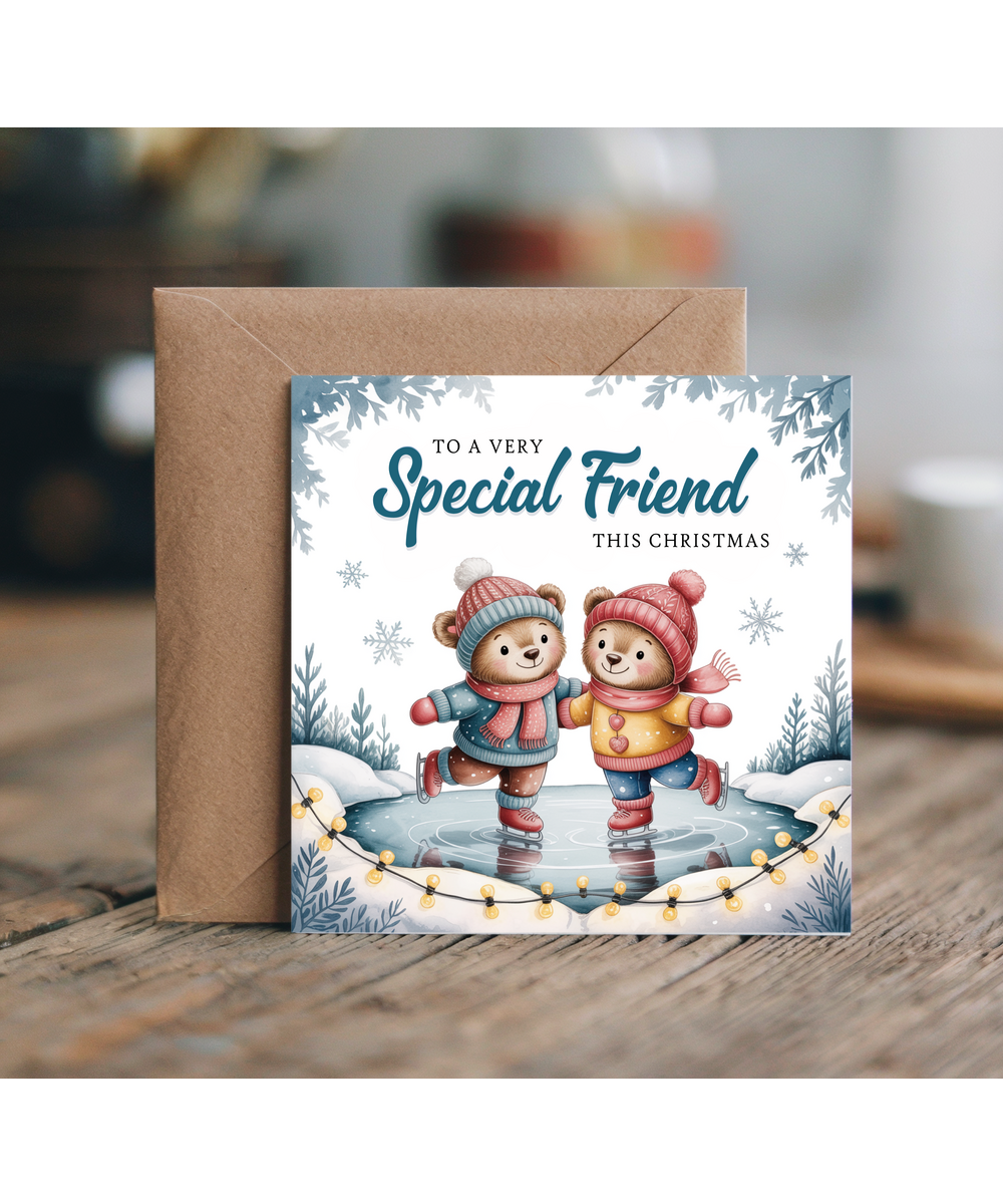 Adorable Christmas Card to a Very Special Friend Teddy Bears Ice Skating