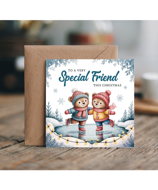 Adorable Christmas Card to a Very Special Friend Teddy Bears Ice Skating
