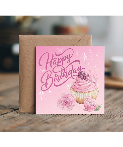 Happy Birthday Card for Her Elegant Rasberry Floral Cupcake