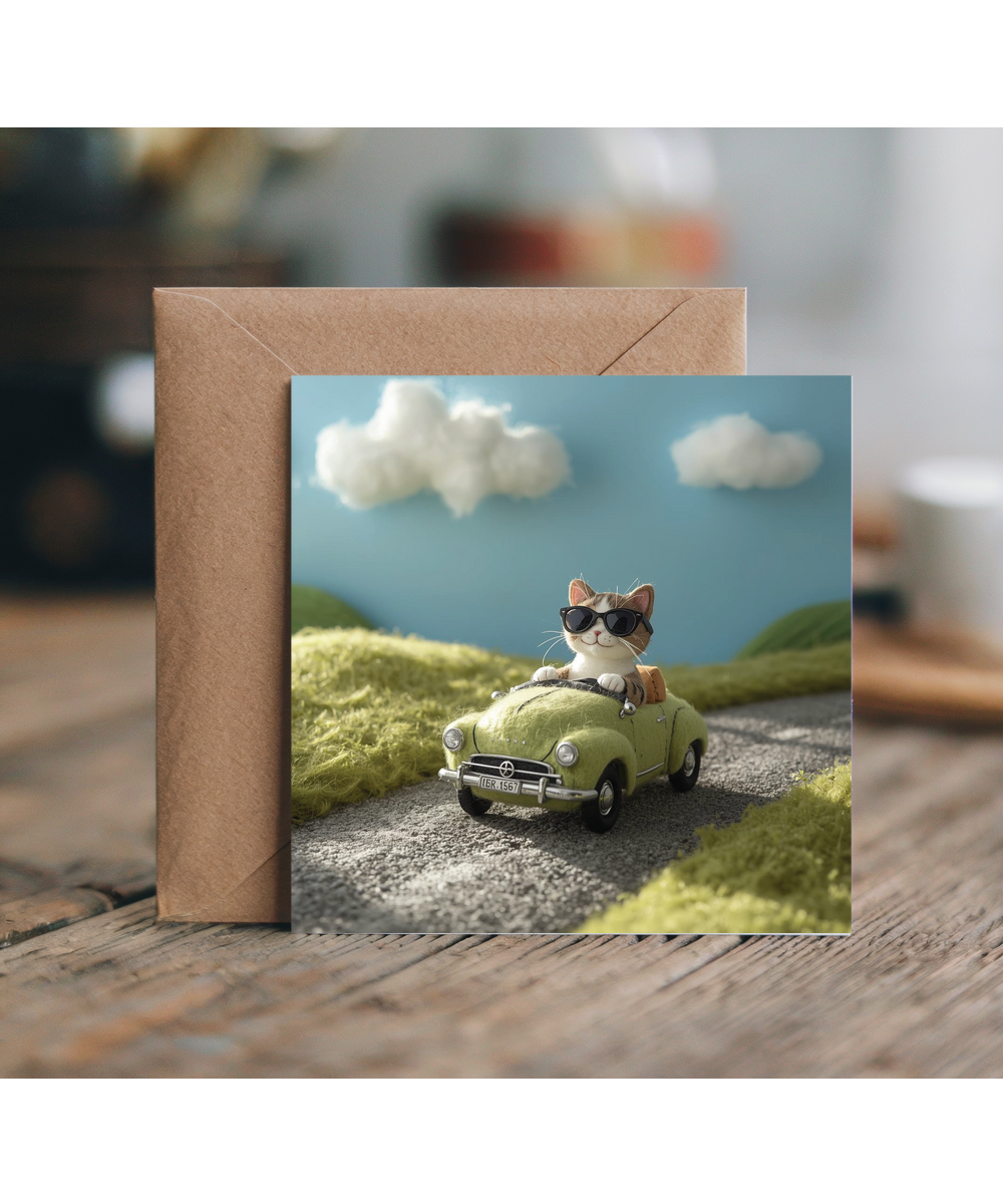 2D felt style cat driving car