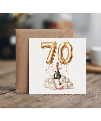 Golden 70th Balloon Birthday Card Celebrating Family and Friends