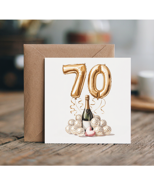 Golden 70th Balloon Birthday Card Celebrating Family and Friends