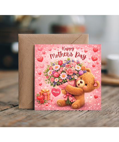 Happy Mother's Day adorable teddy bear holding flowers