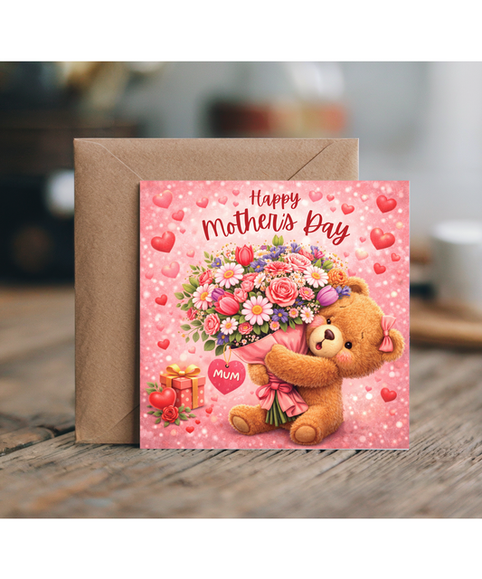 Happy Mother's Day adorable teddy bear holding flowers
