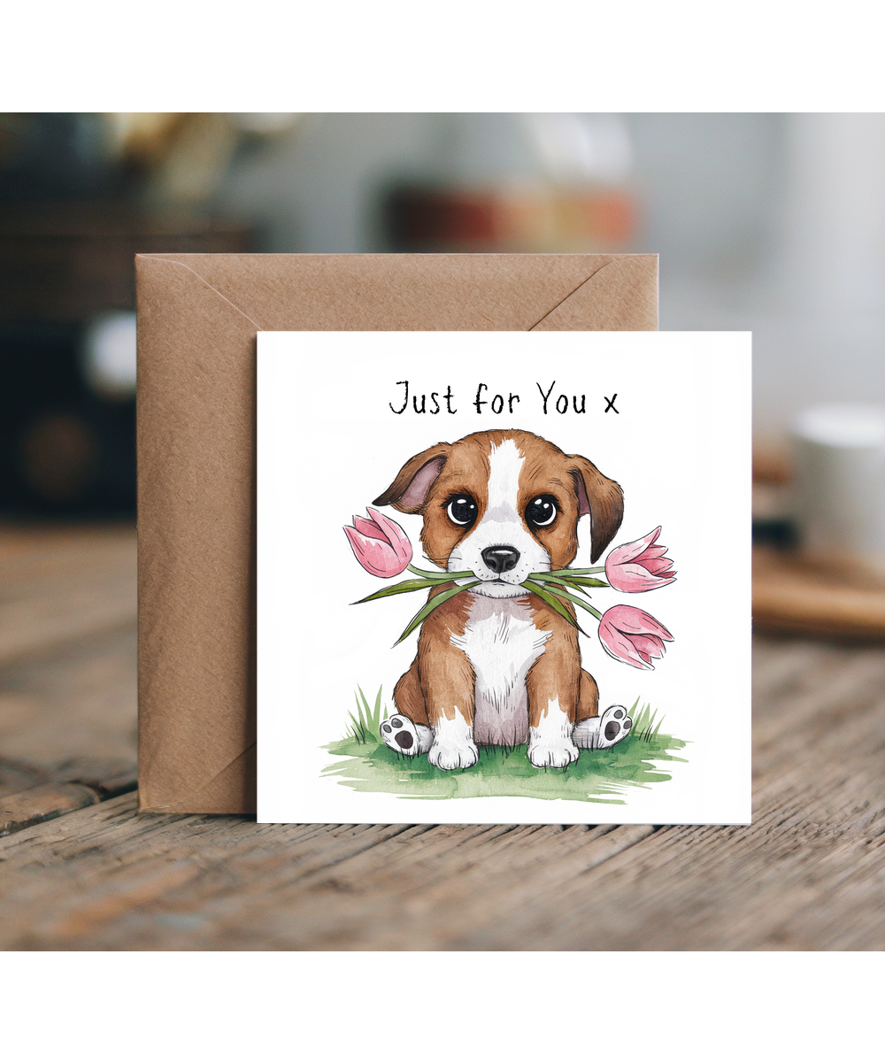Adorable Watercolour Puppy Card with Tulips Just for You x