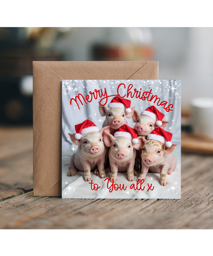 Fun Family Merry Christmas Card to You All Baby Piglets in Santa Hats
