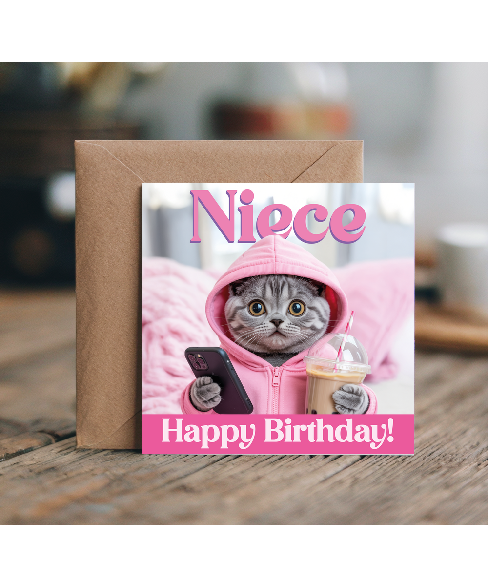 Funny Niece Birthday Card with Cute Trendy Boba Tea Cat