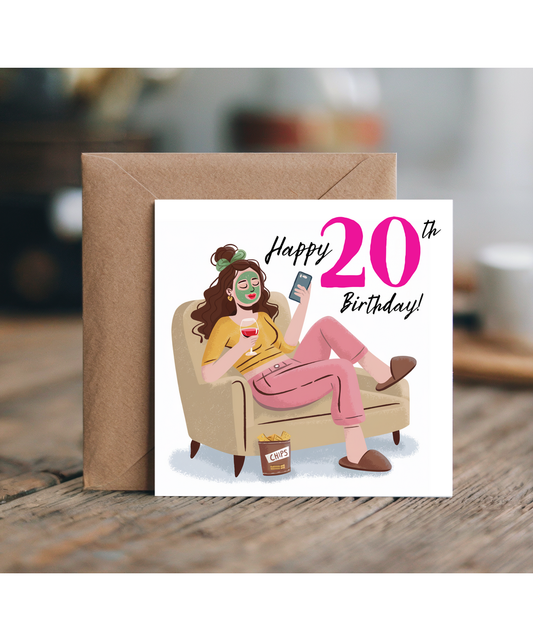 Happy 20th Birthday Card for a Glamorous Relaxed Self Care Queen