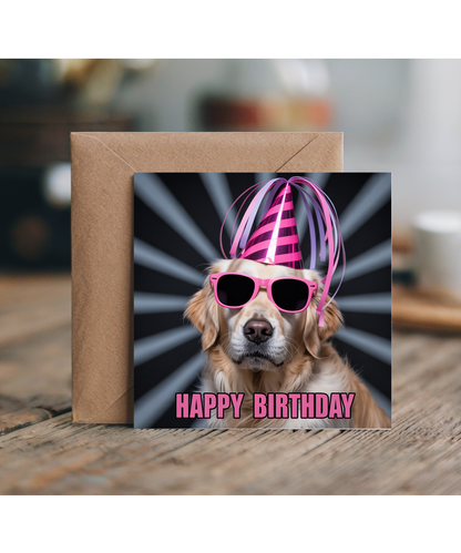Funny Pet Happy Birthday Card Silly Rave Party Golden Retriever for Family and Friends