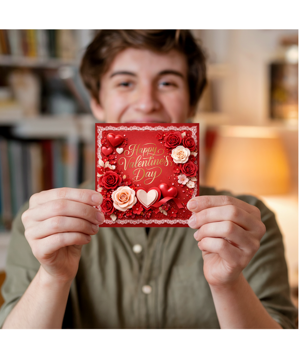 Romantic Valentines Day Card for Girlfriend or Wife 2D Elegant Floral Roses