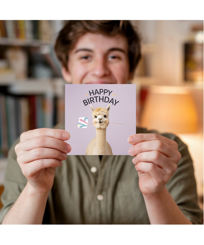 Happy Birthday card cute alpaca llama pastel lavender