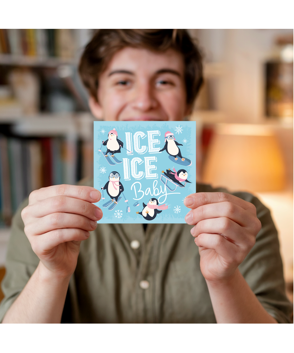 Fun Christmas Card Penguins Playing on Ice Baby