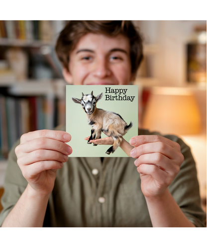 Happy Birthday card baby goat in hand cute pastel green
