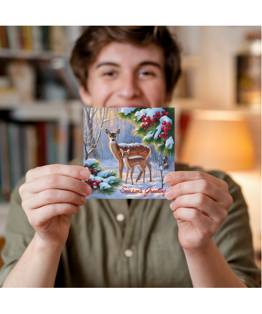 Seasons Greetings Christmas Card Mother and Her Fawn Painting
