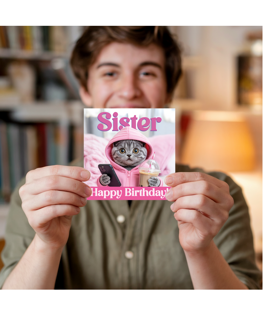 Funny Sister Birthday Card with Cute Trendy Boba Tea Cat