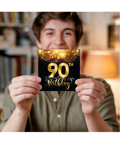 90th Birthday Card with Gold Fireworks