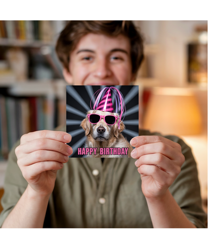 Funny Pet Happy Birthday Card Silly Rave Party Golden Retriever for Family and Friends