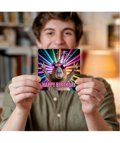 Funny Happy Birthday Card Silly Rave Party Capybara for Family and Friends
