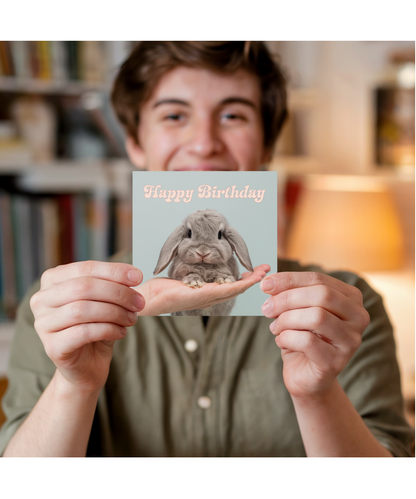Happy Birthday card bunny on hand pastel blue