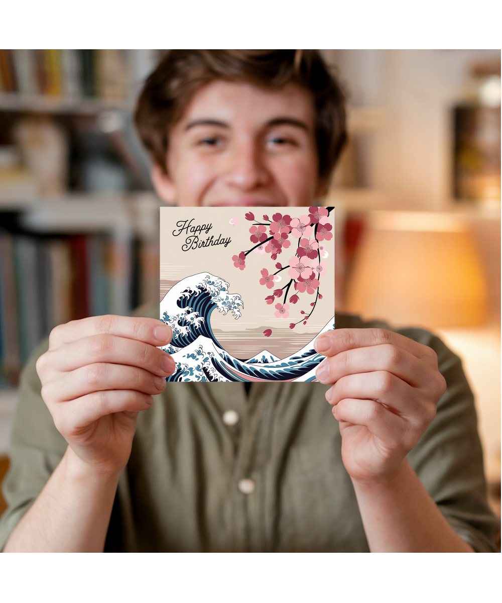 Happy Birthday Card wave pattern and cherry blossoms Hokusai inspired