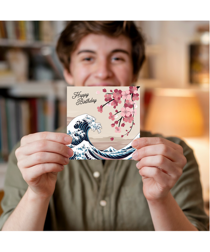Happy Birthday Card wave pattern and cherry blossoms Hokusai inspired