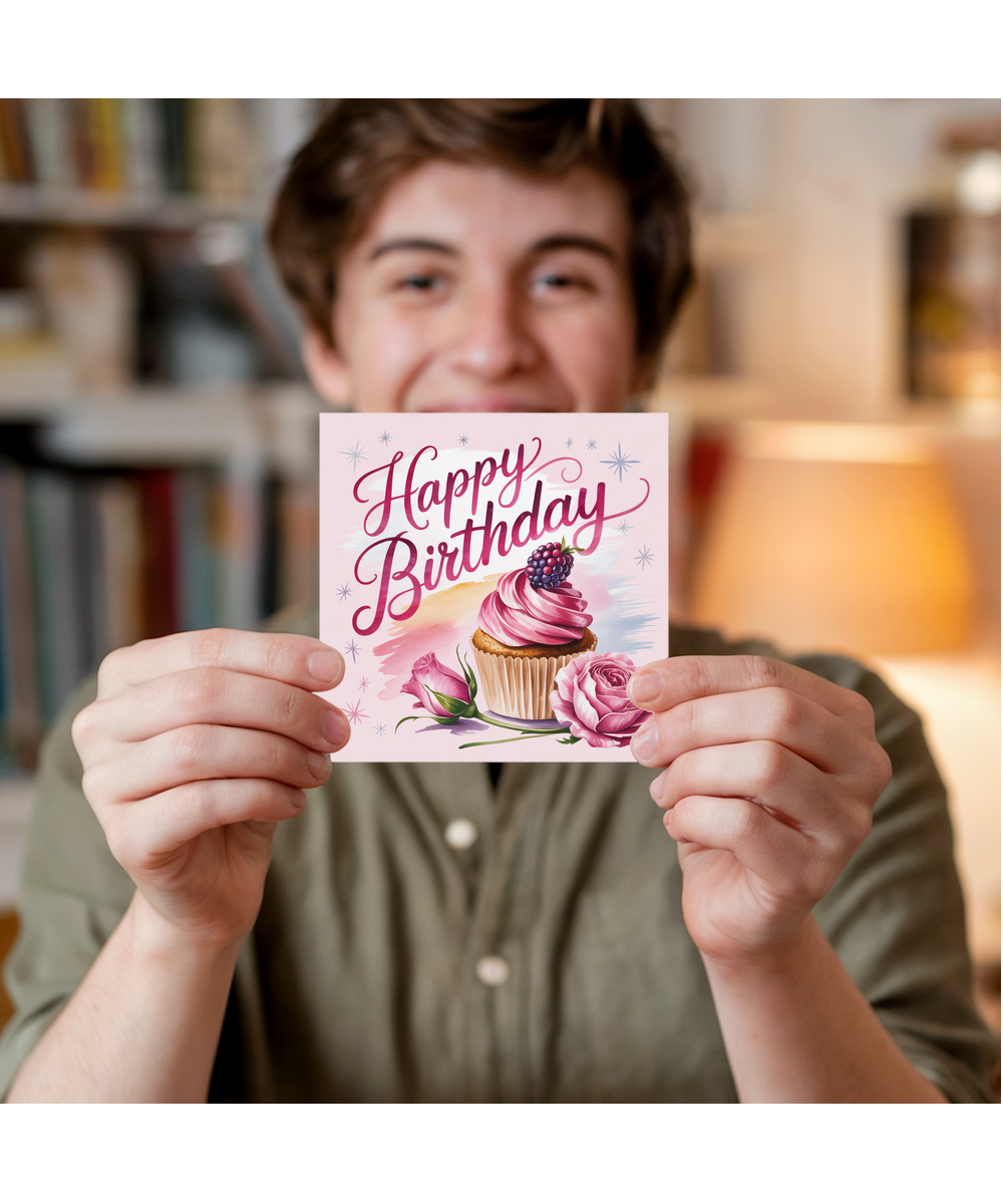 Birthday Card with Pink Rasberry Cupcake and Roses