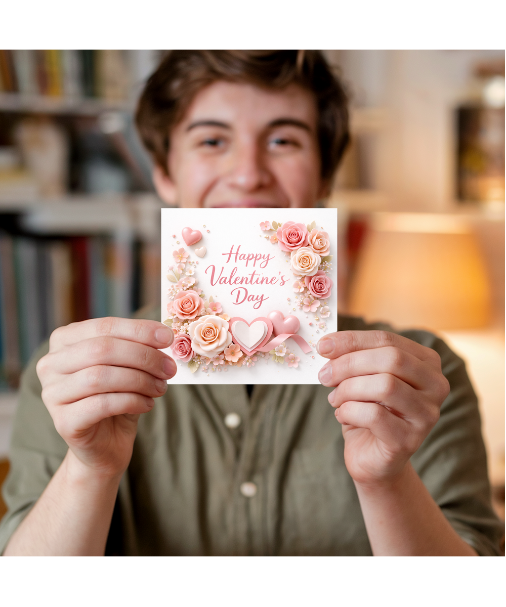 Happy Valentines Day Card 2D Pearls Hearts and Roses for Her