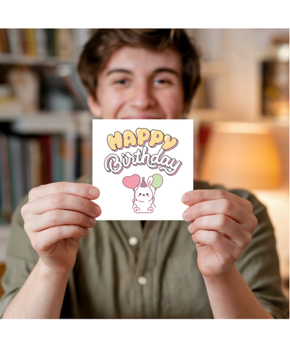 Balloon Bunny Birthday Card Pastel Kawaii Cartoon