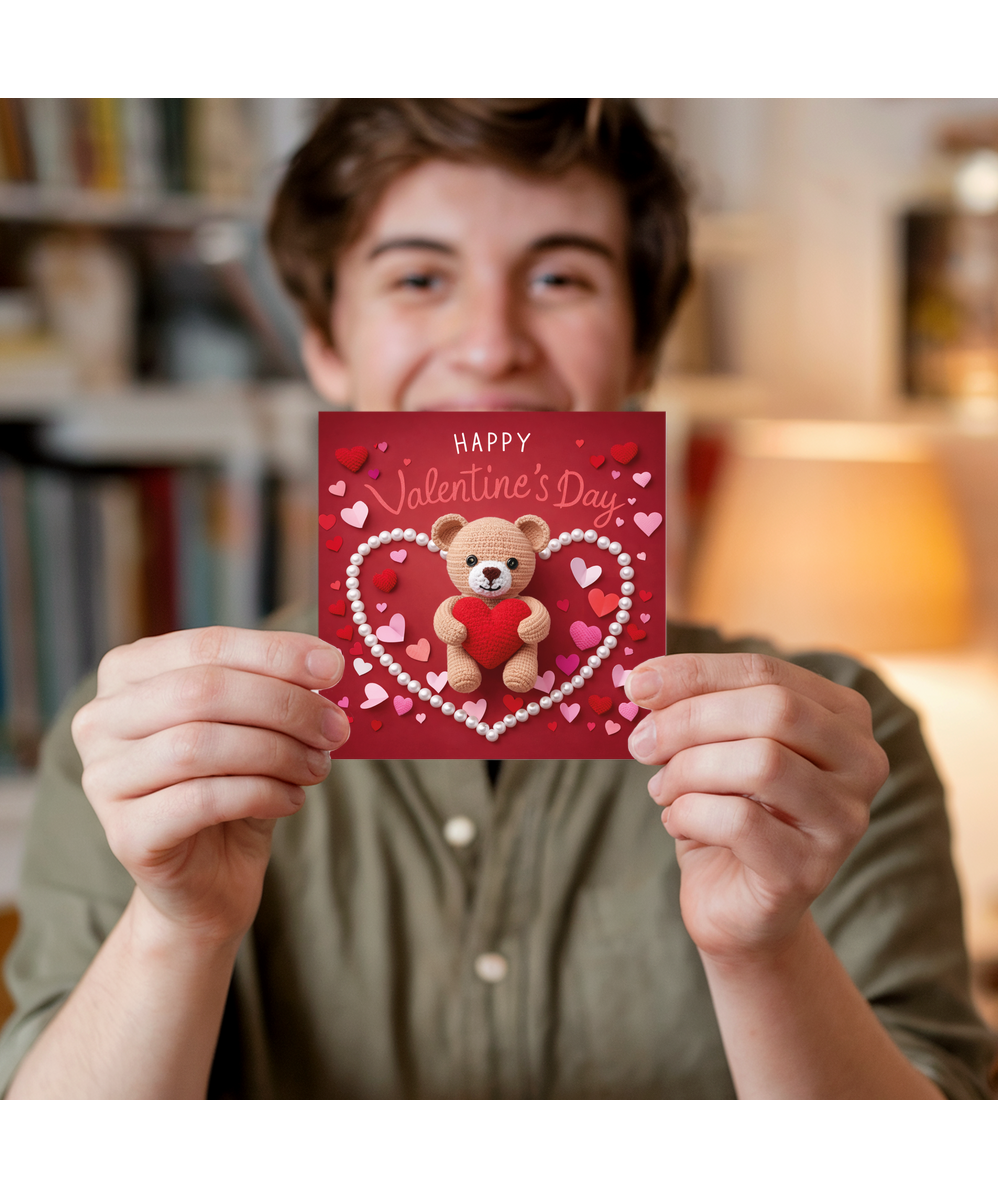 Happy Valentines Day Cute Crochet Loveheart Bear and Paper Hearts