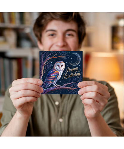 Happy Birthday Card Magical Night Owl and Celestial Crescent Moon
