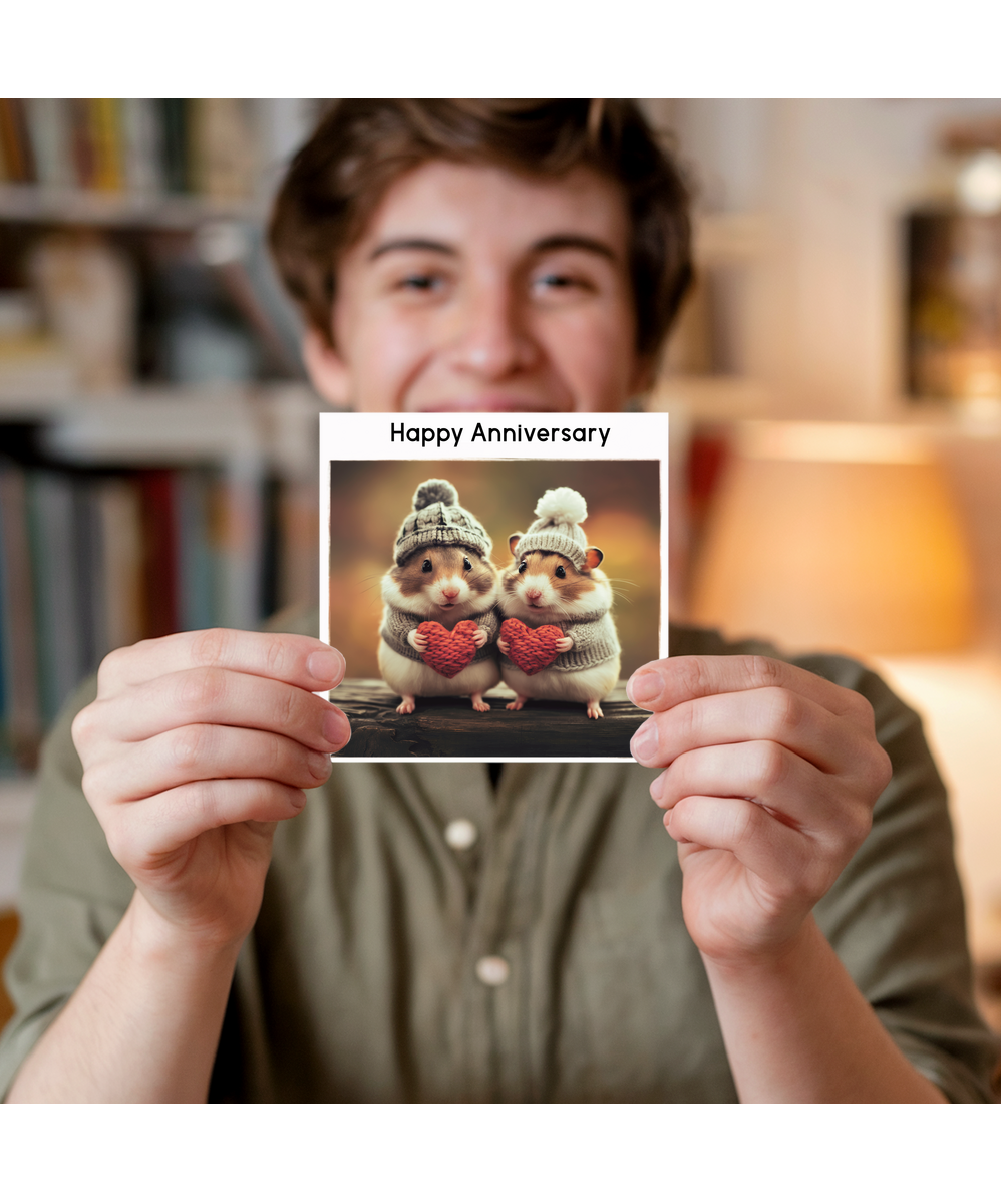 Happy Anniversary cute hamsters holding knitted hearts