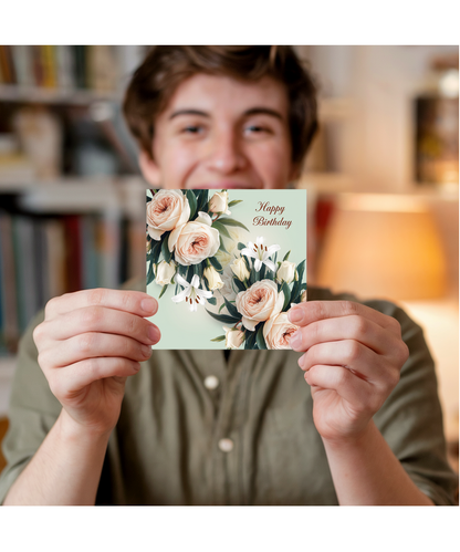 Happy Birthday Card for her Wild Roses and White Lilies