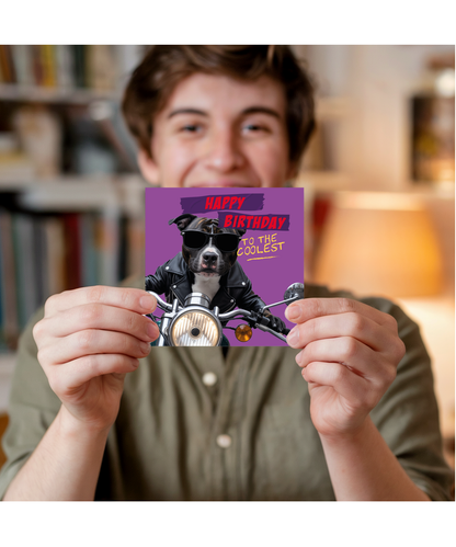 Fun Birthday Card for Dad Uncle Brother to the Coolest Staffi on a Bike