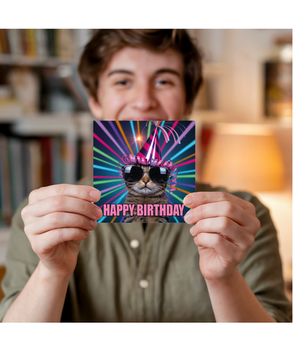 Funny Pet Happy Birthday Card Silly Rave Party Cat for Family and Friends
