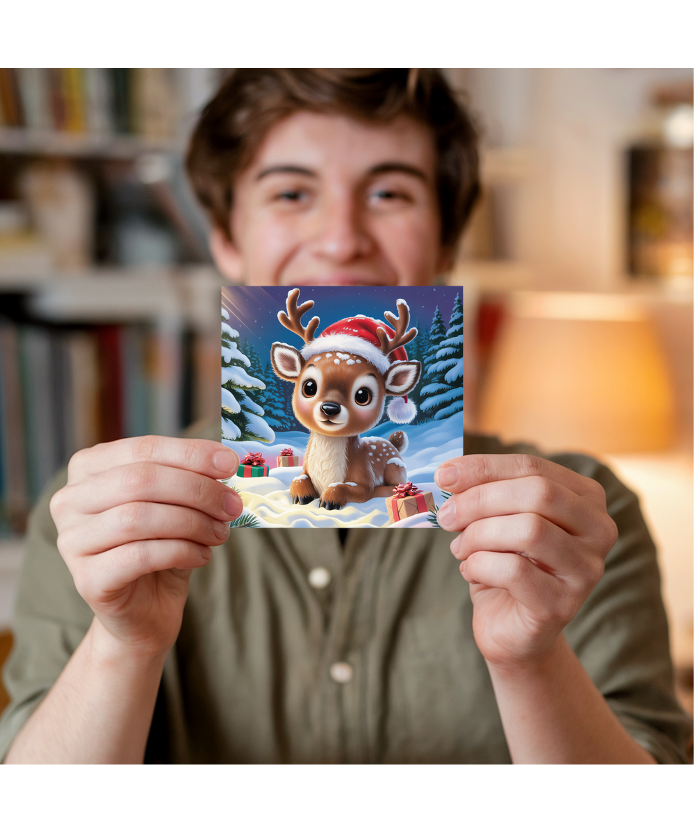 Santas Little Helper Baby Deer Christmas Card Adorable Winter Scene