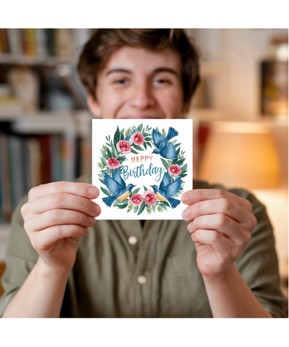 Blue Bird Birthday Card with Botanical Wreath for Mum Nana Grandma