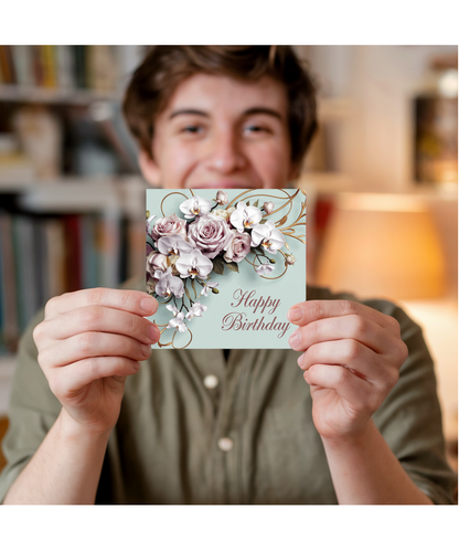 Happy Birthday Card for Woman Her delecate Orchids Roses